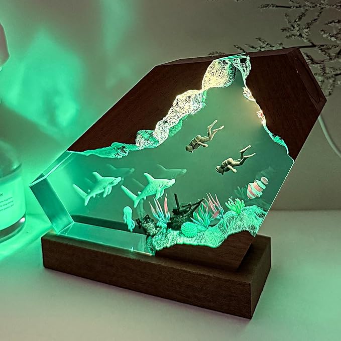 Hammerhead Shark Ocean Resin Lamp, Handmade Resin Night Light for Home Office Decor, Multi-Color LED Light with USB Port, Shark Gifts for Birthday Holiday, Valentine's Day Gifts for Him Kids (8"x5")