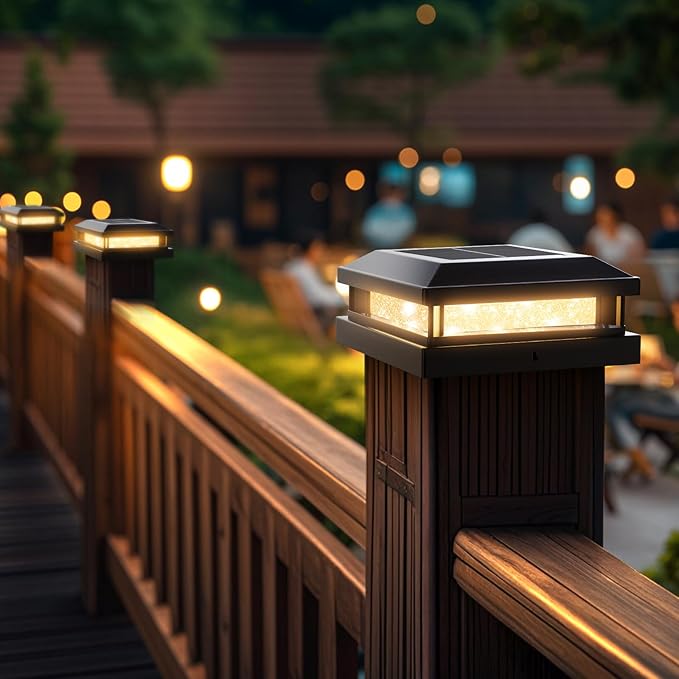 Solar Light Outdoor 4 Packs, Waterproof Solar Powered Post Cap Light for 4x4 4.5x4.5 5x5 Vinyl/Wooden Post with Warm/Cool Lighting, Black 16LEDs Deck Cap Lights for Outside, Garden, Patio, Porch
