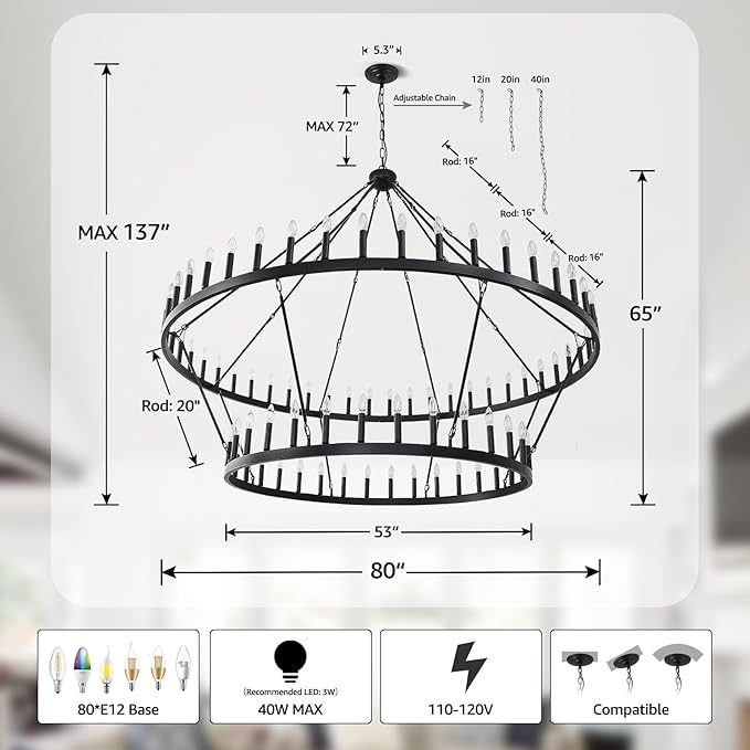 80-Inch Black 2 Tier Wagon Wheel Chandelier, 80-Light Double Tier Extra Large Foyer Lighting, Candle Industrial Round Iron Chandelier for High Ceilings, Dining Room, Entryway, E12