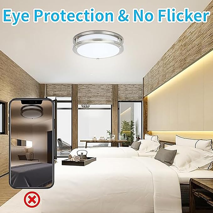 Drosbey 48W Dimmable LED Ceiling Light Fixture, Flush Mount Light Fixture for Kitchen, Bathroom, Bedroom, Garage, 5000 Lumens, 500W Equivalent, 13.2in, Daylight 5000K, Brushed Nickel