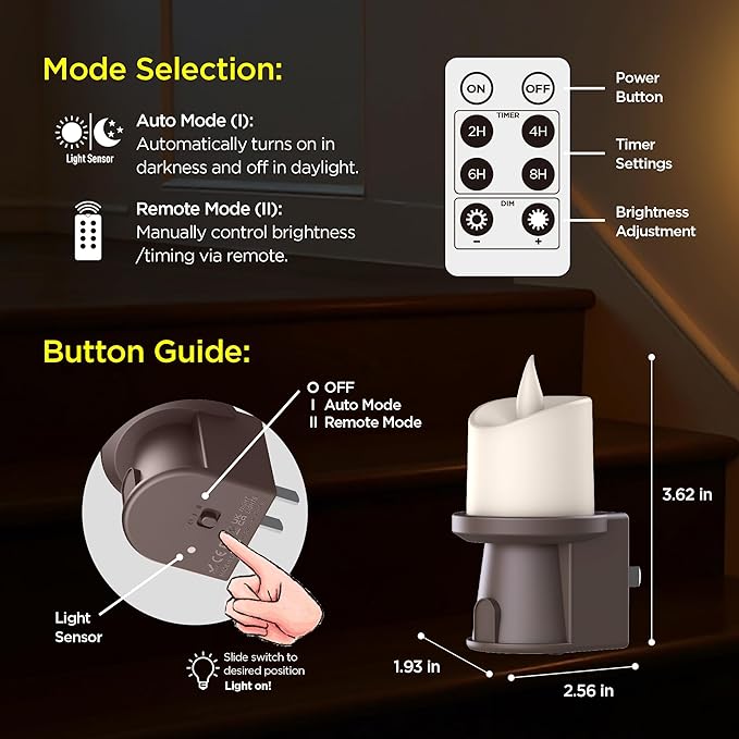 Nightlight Flameless Candle, Electrical Outlet Plugs w/Dusk Dawn Sensor Auto Switch On/Off for Home Safety, Window Decorative with Remote Control (Taupe, 4 Pack)