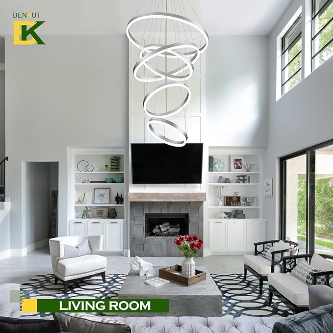 5-Rings Modern LED Chandelier Silver High Ceiling Chandelier with Remote Control Dimmable Pendant Lighting for Dining Room Foyer Living Room Entryway Staircase(3000K-6500K, D23.6’’)