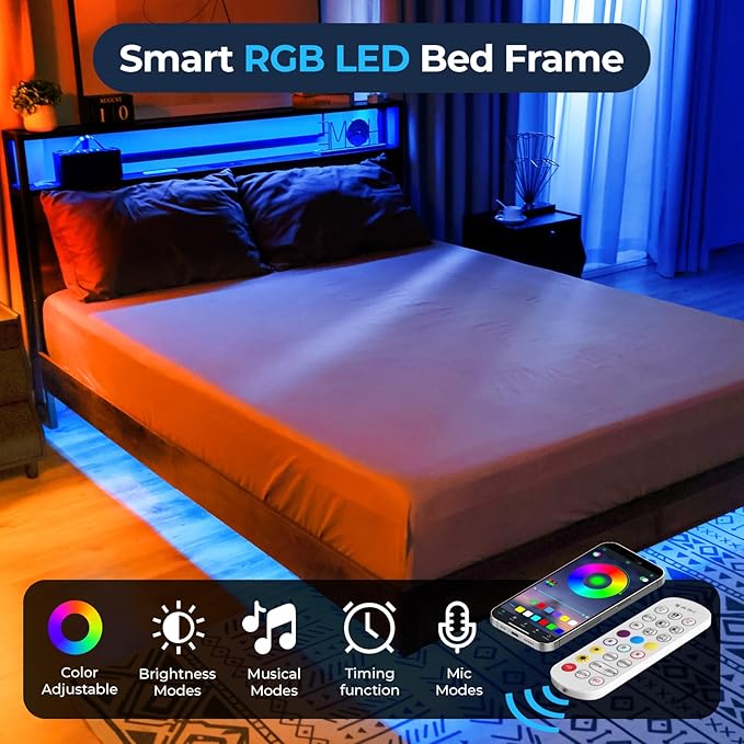 BedsPick Twin Size Bed Frame with 2-Tier Storage Headboard, Sturdy Metal Platform Bed Frame with Charging Station & LED Lights, Noise-Free/Metal Support/No Box Spring Needed, Rustic Brown