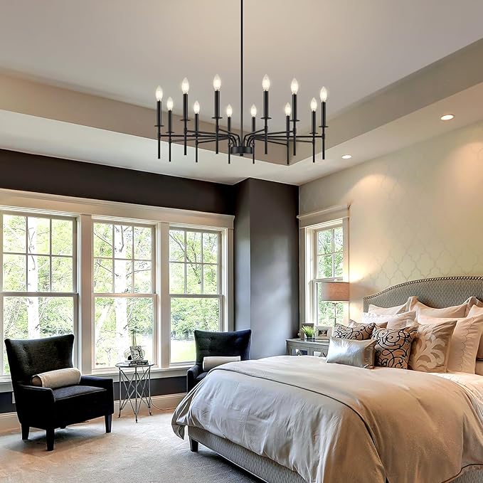 Modern Farmhouse Black Chandeliers for Dining Room Light Fixture, 12-Light Metal Candle Chandelier Lighting for Living Room Foyer Entryway Staircase Bedroom