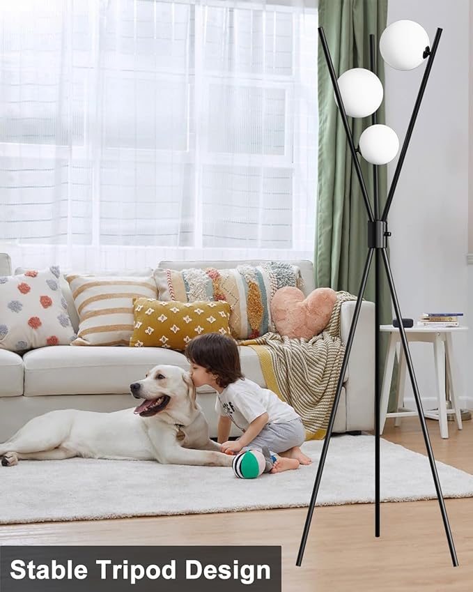 Lightdot 60IN Dimmable Black Tripod Floor Lamp, Mid Century Standing Lamps with 3 Globe Soft Warm White Eye Care 3000K Bulbs Included, Modern Tall Lamp for Living Room Bedroom