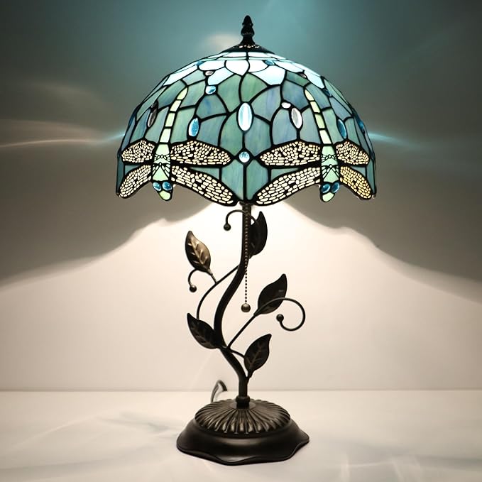 Tiffany Table Lamp Stained Glass Desk Lamp Metal Leaf Base Reading Light 12X19 Inch (Sea Blue Dragonfly)