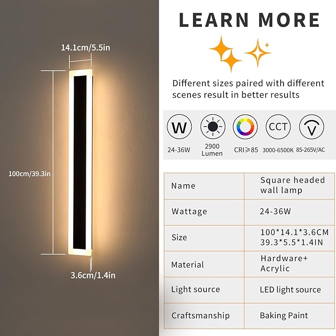 Mikeru 2Pack 39.3inch Modern Outdoor Exterior Wall Light, 3000k/4500k/6000k 3 Colors Switchable Large Outdoor Fixture Wall Mount, Ip65 Waterproof Modern Long Porch Light, Hardwired (Width: 5.5inch)