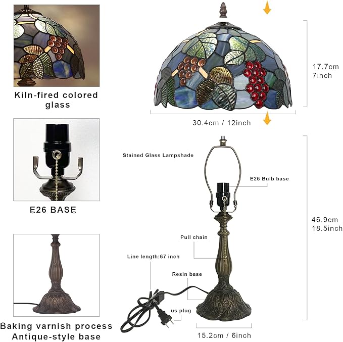 Stained Glass Table Lamp,12x12x19 Inch Antique Table Lamp for Tiffany Style Bedroom、Living Room、Home、Office Decor Lamp (Grape)