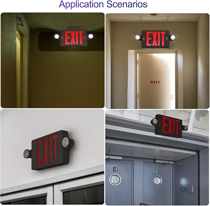 CM MZY Exit Sign with Emergency Lights, Exit Signs Light with Battery Backup,Red Emergency Lights with Black Housing, Two Adjustable Heads, Combo for Business,AC 120V/277V, UL Certified,4 Pack
