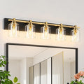 5 Light Modern Bathroom Light Fixtures Over Mirror, Black Gold Vanity Lights for Bathroom Wall Sconces with Clear Glass Shades, E26 Socket (Bulbs Not Included)