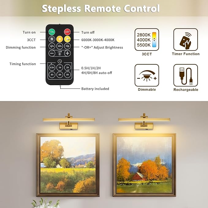 Picture Lights for Wall Battery Operated, Brass Art Lighting for Paintings with Remote and Timer, Wireless Gallery Light for Portrait Frame Artwork, 16'' Inch 3CCT Dimmable