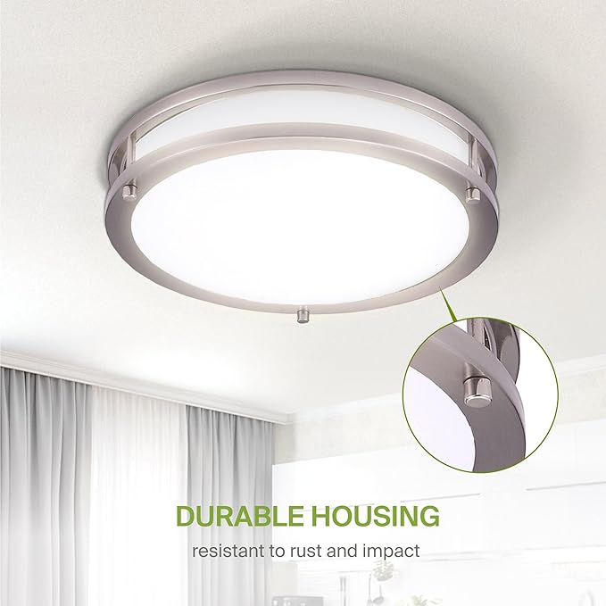 ASD LED 10" Round Flush Mount Lighting, Close to Ceiling Light Fixture | 3CCT, Dimmable, Energy Star, ETL Listed | 16W 1050LM 3000K-5000K 120V | Low Profile Double Ring Lamp | Nickel, 4 Pack