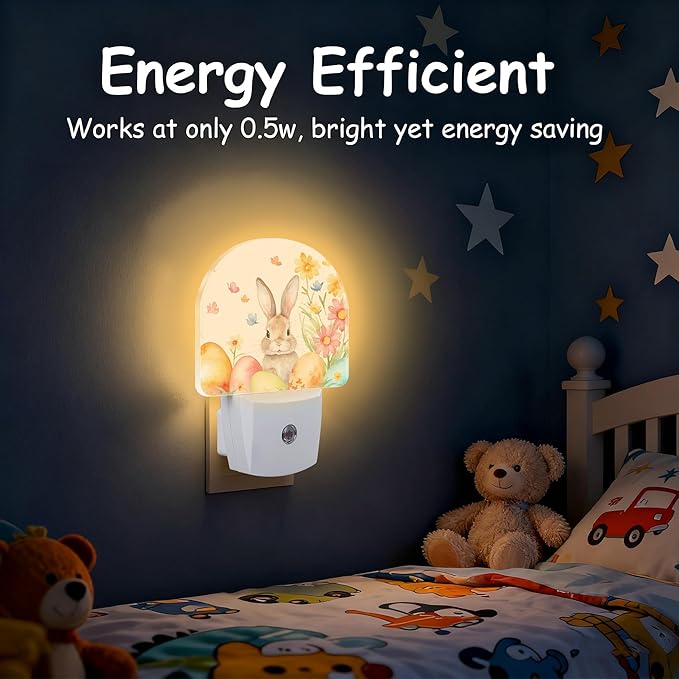 Easter Bunny Floral Eggs Night Light,Dusk-to-Dawn Auto Sensor Easter Rabbit Plug in Night Light for Kids,0.5W Energy Saving LED NightLights for Bedroom/Bathroom,Ideal Gifts for Women Men