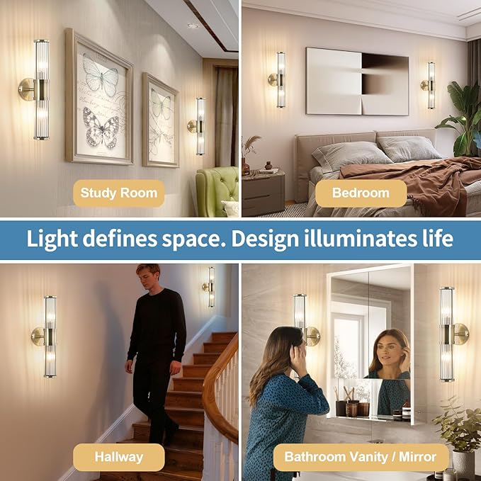 Modern Vanity Light Fixture, Brushed Bronze Wall Sconce with Glass Rod Shades, Double Socket E12 Candelabra Base for Bathroom Mirror Lighting (Bulbs Not Included)