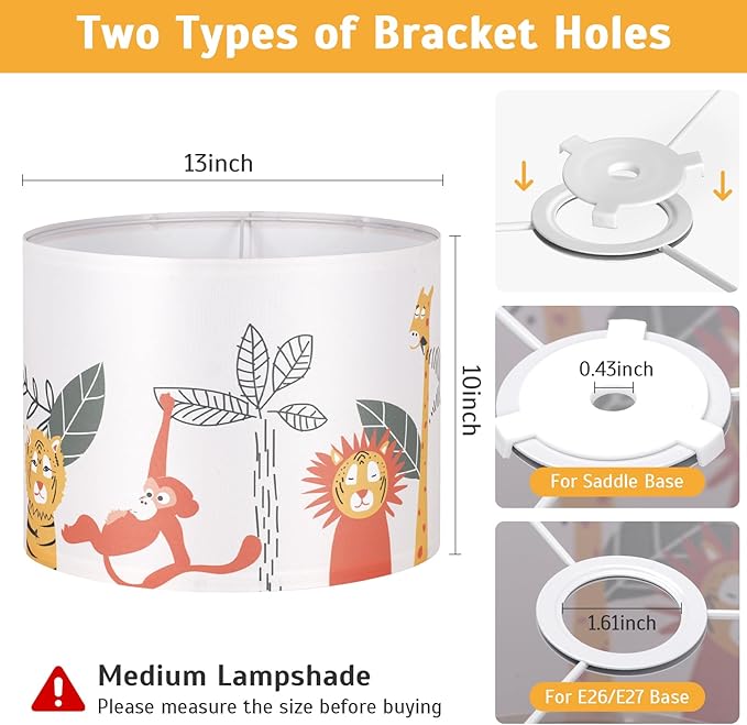 Drum Lamp Shades Set of 2,13"Decorative Fabric Lampshades for Table Lamps,Floor Lamps and Chandeliers,Replacement Light Shades with Cute Jungle Animal Print for Kids Room,Spider Fitter, Fits E26 Bulbs