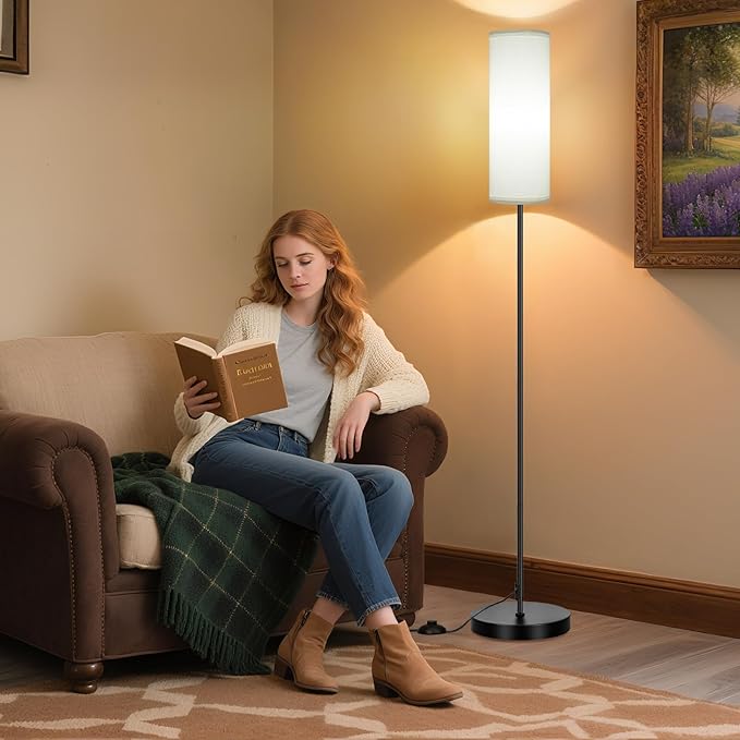 FRIDEKO HOME Floor Lamp with White Shade, Simple Design with Foot Pedal Switch, Small Tall Lamps for Living Room Bedroom Office, Corner Floor Stand Light with Black Pole Lamp (No Bulb/No Remote)