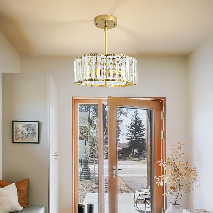 Small Gold Crystal Chandelier,3-Ligh Modern Dining Room Light Fixture Over Table,Round Kitchen Hallway Lighting Fixture, Semi Flush Mount Ceiling Pendant Light for Entryway Foyer， 12''