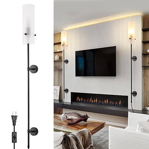 Modern Plug in Wall Sconce LED Wall Light Set of Two with On Off Switch, Cylindrical Frosted Glass Plug in Sconce for Living Room Wall Decro, Bedroom, Hallway