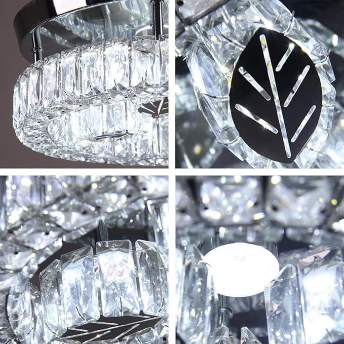 Finktonglan 11.6" Crystal Flush Mount LED Ceiling Light, 30W 6500K Cool White, Round Leaf Design, K9 Crystal & Stainless-Steel, Non-Dimmable, 85–260V