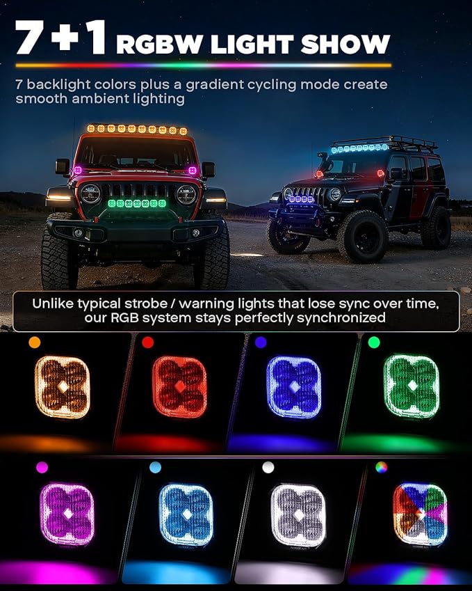 Auxbeam RGB Offroad LED Pod Lights 3 Inch 116W Flood Beam Ditch Lights 7 Colors Changing Gradient Backlights RGBW Multicolor Ambient Lighting with Covers, Color Play Series
