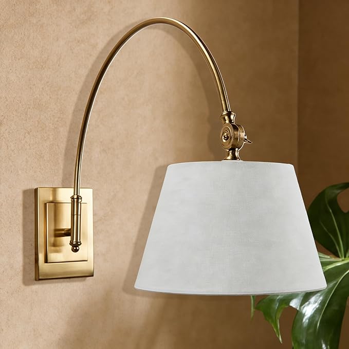 Antique Brass Swing Arm Wall Lamp, Classic Adjustable Reading Light with Fabric Shade for Bedroom Living Room
