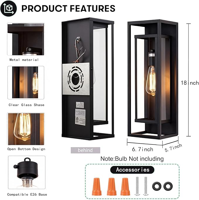 1Pack 18inch Outdoor Wall Light Fixtures, Exterior Waterproof Modern Matte Black Wall Lamps with Glass Shades,E26 Sockets Porch Light for Front Door Patio Entryway