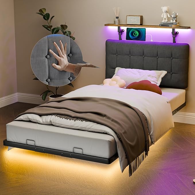 VINGLI Twin Size Floating Metal Bed Frame with LED& Charging Station Hanging Linen Headboard,Comfortable Cushion,10'' Platform Bed for Kids Teens Adults, No Box Spring Needed, Dark Gray