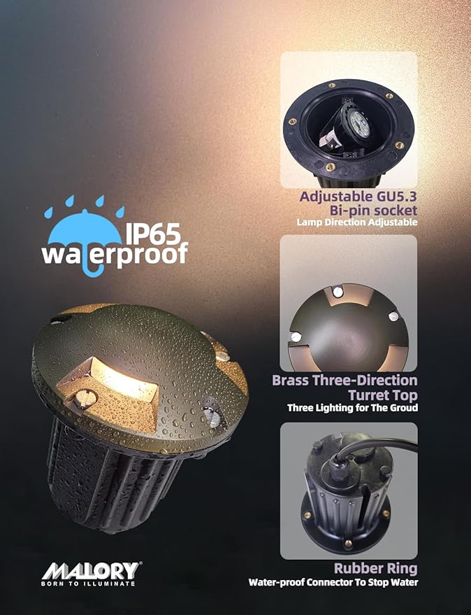 MALORY Brass Top Cover Landscape Well Lights,(5''H) 12V Low Voltage Outdoor In Ground Lights,Landscape Lighting for Pathway, Driveway and Garden (Three-Direction Turret, 10-Pack with Bulb)