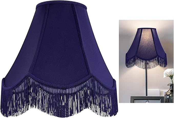 GO&SO Blue Silk Bell Lamp Shades Petal Edge Braid with Blue Fringe Trim, 6"x13"x10.6"(Spider), Victorian Scalloped Lamp Shades Hand Crafted,Replacement Lamps Shades for Table,Floor Lamps,Easy Assembly
