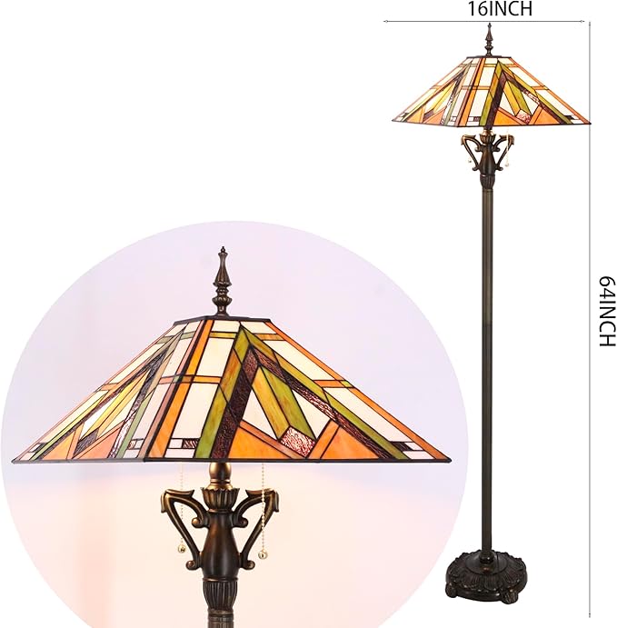 Tiffany Floor Lamp Bronze Mission Style Stained Glass Standing Reading Light 16X16X64 Inch