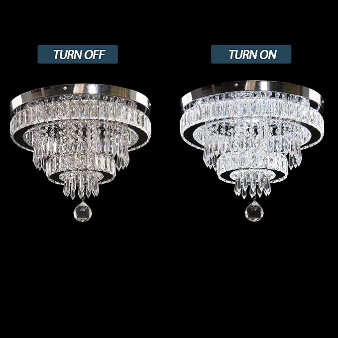 Finktonglan 16" Modern Crystal Chandelier, 2 Rings LED Crystal Ceiling Light Semi Flush Mount Chandelier Ceiling Light for Bedrooms Living Room Dining Room (6500K Cool White)