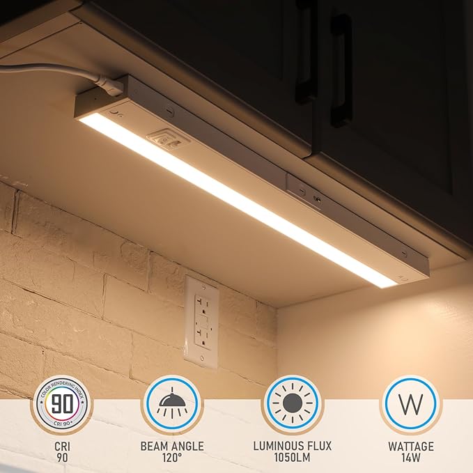 TORCHSTAR LED Under Cabinet Lighting 5CCT, 22 Inch 14W 1050LM, Hardwired & Plug-in, 5 Color Selectable CRI90 120V ETL T24, Dimmable Under Counter Lights for Kitchen, White Aluminum Housing, 4 Pack
