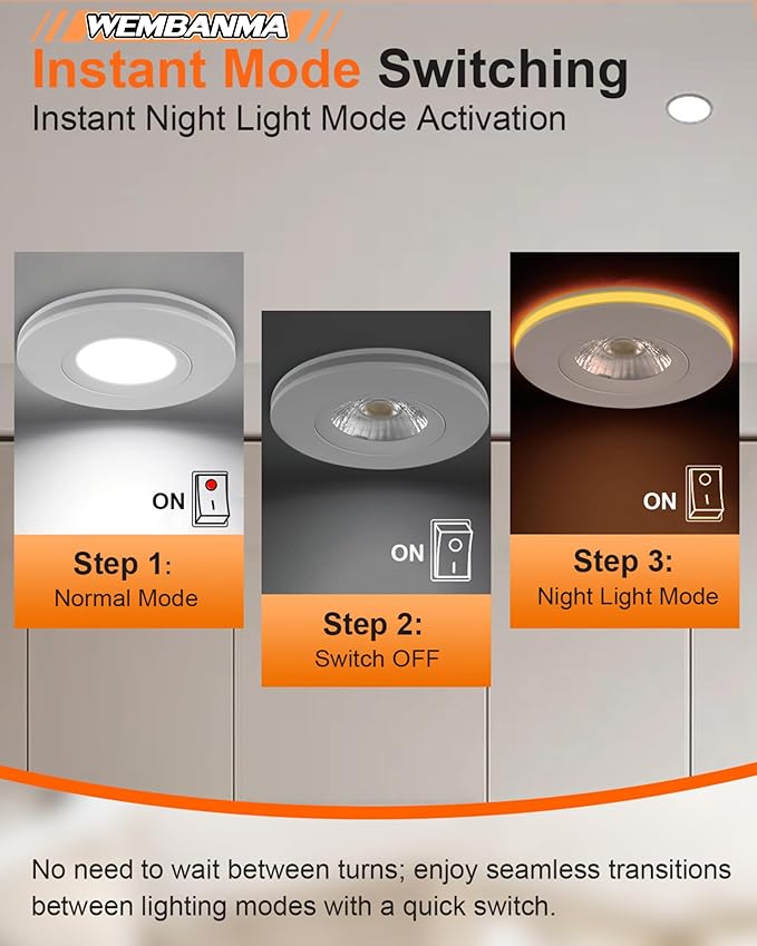 3 Inch LED Recessed Lights, Dimmable Gimbal Lights with Night Light, 360° Rotation, 8W+3W, Canless, ETL Certified, Perfect for Soffit, Kitchens, Hallways, and Indoor Use, White, 6 Pack