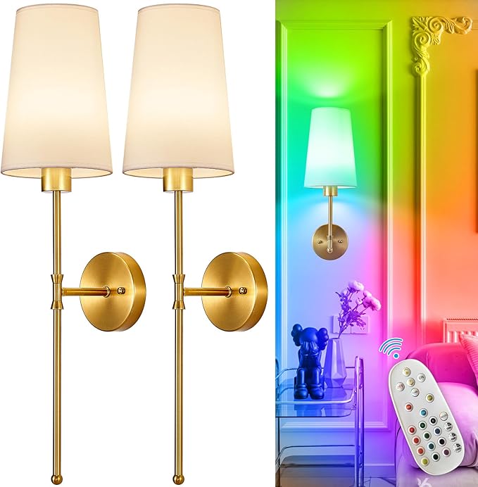 Depuley Battery Operated Wall Sconce: 27" Set of 2 Wireless Wall Lights with Remote for Bedroom - Rechargeable 15 Colors Gold Wall Lamp for Living Room Hallway Decor