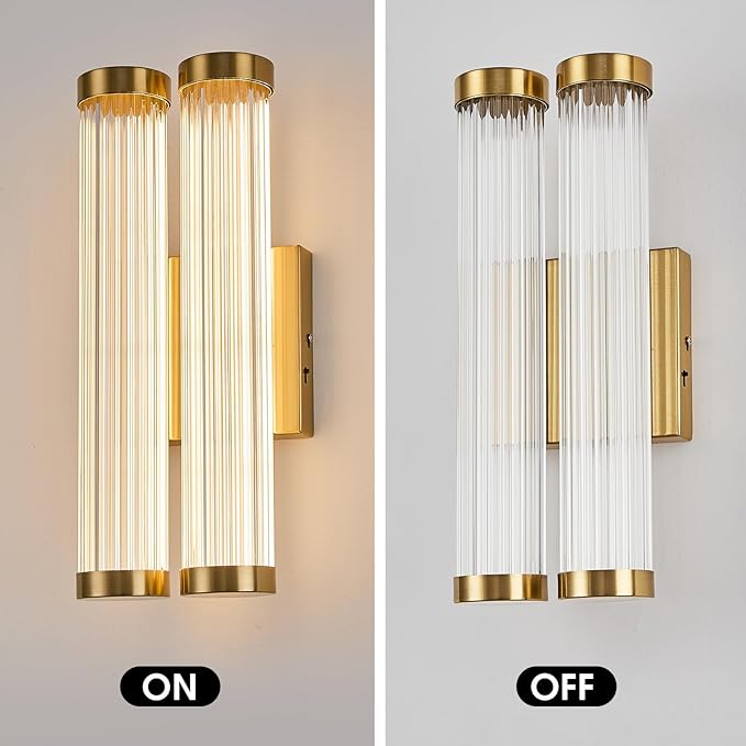 Modern Glass LED Wall Sconce, 16.5' Gold Bathroom Wall Sconce, Modern Double Sconce Wall Lighting, 3CCT Dimmable Gold Wall Light, Bedroom Sconce, Wall Lamp for Living Room, Stairway, Hallway