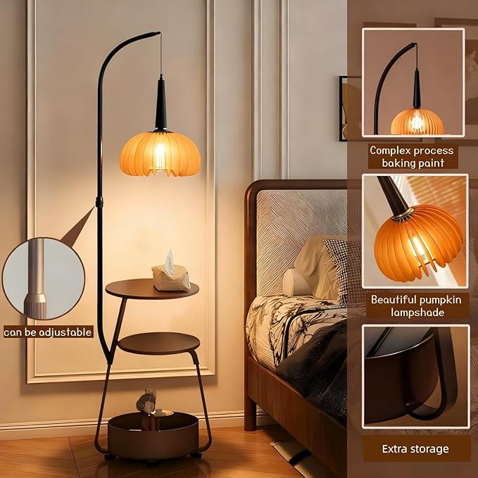 Bofea-Modern Arc Floor Lamp with Table & Shelves,Vintage Floor Lamps for Living Room,Mid Century Tall Standing Lamp with Walnut Shade,Adjustment Height Corner Lights for Bedroom Study Office