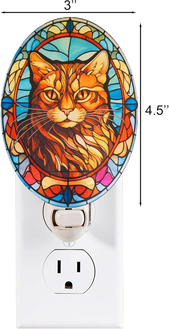 Maine Coon Stained Glass Styled Cat Night Light, Real Glass Plug-in Night Light with Vertical Outlet and On/Off Switch Gift for Cat Owners