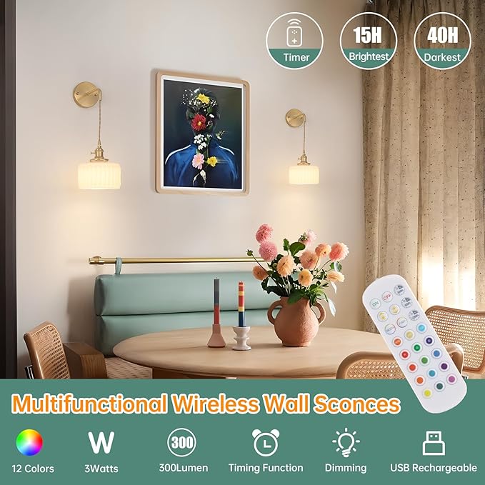 Battery Operated Wall Sconce with White Striped Shade Pattern Glass Adjustable Chain Retro Gold Wall Mounted Light, Modern Wall Lamp Fixtures Decor for Bedside Bedroom Indoor Doorway