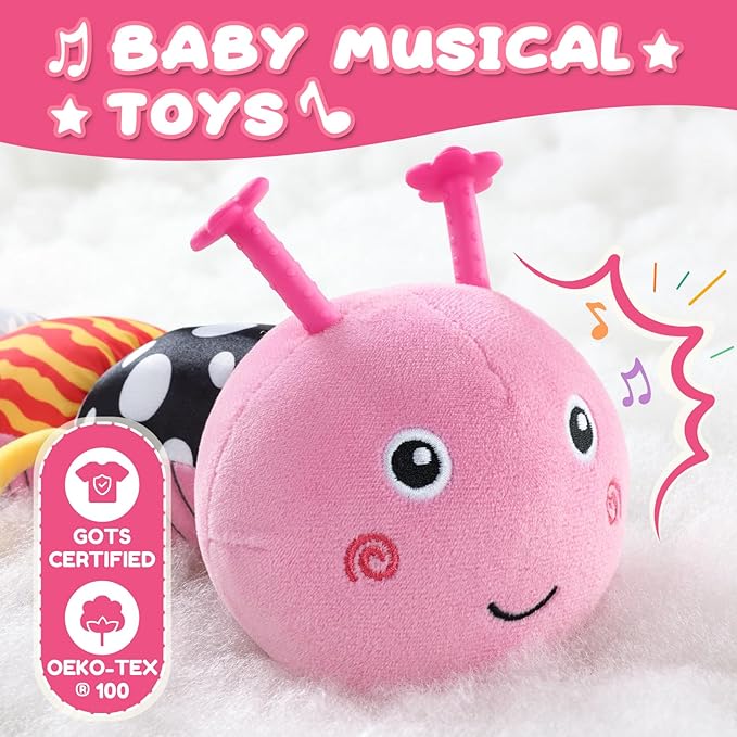 Baby Toys 0-6-12 Months,Musical Caterpillar Stuffed Animals Activity Infant Toys with Crinkle,Rattles,Mirror&Pull String,Muti-Sensory Toys Gifts for Newborn Tummy Time,Pink,Knot prolegs