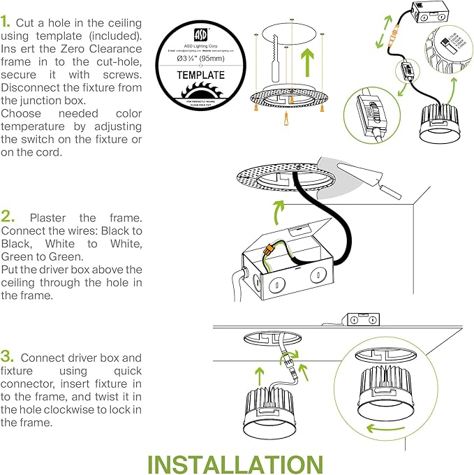 ASD Trimless LED Recessed Lighting 4 Inch, 15W 120-277V Dimmable Commercial Lights with J-Box, 5 CCT 2700K-5000K, CRI 90+, IC Rated, ETL, Energy Star, White