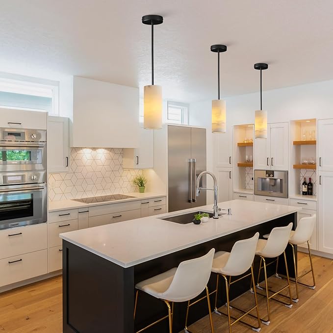 Alabaster Pendant Lights Kitchen Island, Black Hand Carved Alabaster Cylinder Pendent, Spanish Natural Marble Light Pendant for Bedroom Bathroom Dining Room Living Room- 3 PC