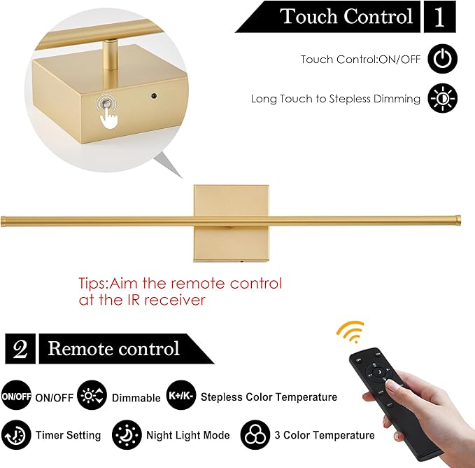 24.4 Inch Removable Battery Operated Wall Sconces Set of 2 with Remote Control, Stepless Colors 3000K-6000K & Dimming, 350°Rotate, LED Gold Wireless Wall Light for Living Room, Bedroom, Gold