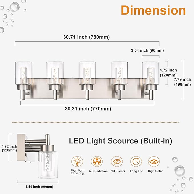 VINLUZ 5-Light Bathroom Vanity Light with 5 Color Modes, Brushed Nickel Dimmable Modern Wall Lighting Fixture Over Mirror with Clear Glass Shade and Crystal Bulb(LED Bulbs Included)