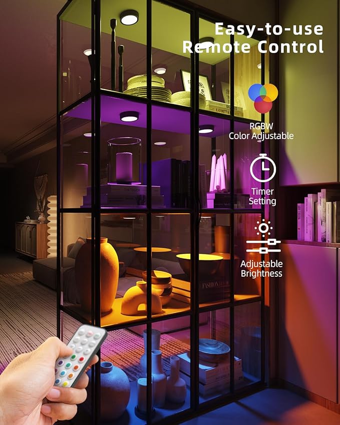 RGB Rechargeable Puck Lights with Remote, 2400mAh Colored Battery Operated Tap Lights Stick On Under Cabinet Lighting USB Magnetic Classroom Push Light Kitchen Counter Touch Light Press Button Lamp