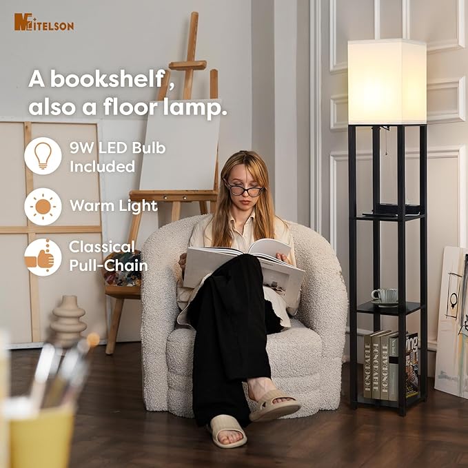 Floor Lamp with Shelves and USB, USB-C & Power Outlets, Shelf Lamp with Charging Station, Modern Square Lamps for Living Room, Standing Floor Lamp for Bedroom and Office, Tall Lamp, Black