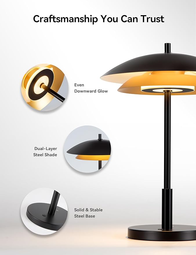 Tubicen Black and Gold Table Lamp with Charging Port Dual-Layer Modern Industrial Nightstand Lamp 18W 2700K-5000K Stepless Dimmable Bedside Desk Touch Lamp for Living Room Bedroom Office 15.7" H