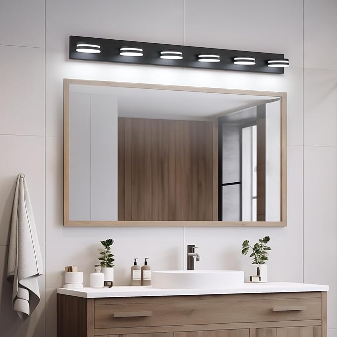 6-Light Bathroom Vanity Light Over Mirror, Matte Black LED Vanity Lighting Fixtures, Modern Bathroom Wall Light Fixtures with 360°Rotating Lamp Head (Cool White 5500K) (Black, 47Inch)