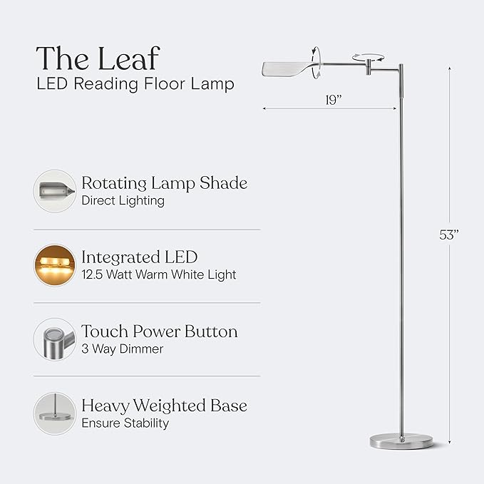 Brightech Leaf Pharmacy LED Reading Lamp, Dimmable Floor Lamp with Easy Rotation over Chair or Desk for Living Rooms & Offices, Adjustable Standing Lamp, Tall Lamp For Sewing & Craft - Platinum Silver