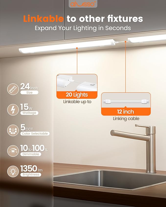 ALUSSO LIGHTING® 24 Inch LED Under Cabinet Lighting Hardwired & Plug in, 5CCT Color Selectable 2700K-5000K Dimmable 15W 1350LM High Brightness, Linkable Strip Under Counter Lights for Kitchen, 2 Pack