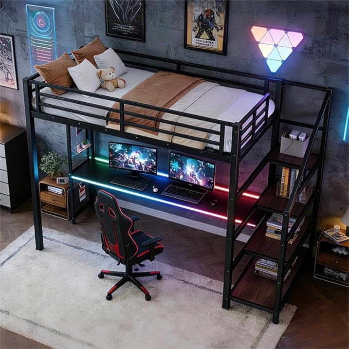 Bellemave Twin XL Loft Bed with Desk & Storage Stairs, Metal Twin XL Loft Bed Frame with Iron Nets, LED Lights & USB Ports, Heavy Duty Adult Loft Beds for Kids, Teens, Adults, Noise-Free, Black